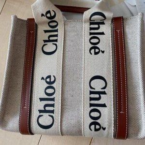 Chloe Woody Small Canvas Tote Bag White Brown with Storage Bag for Women
